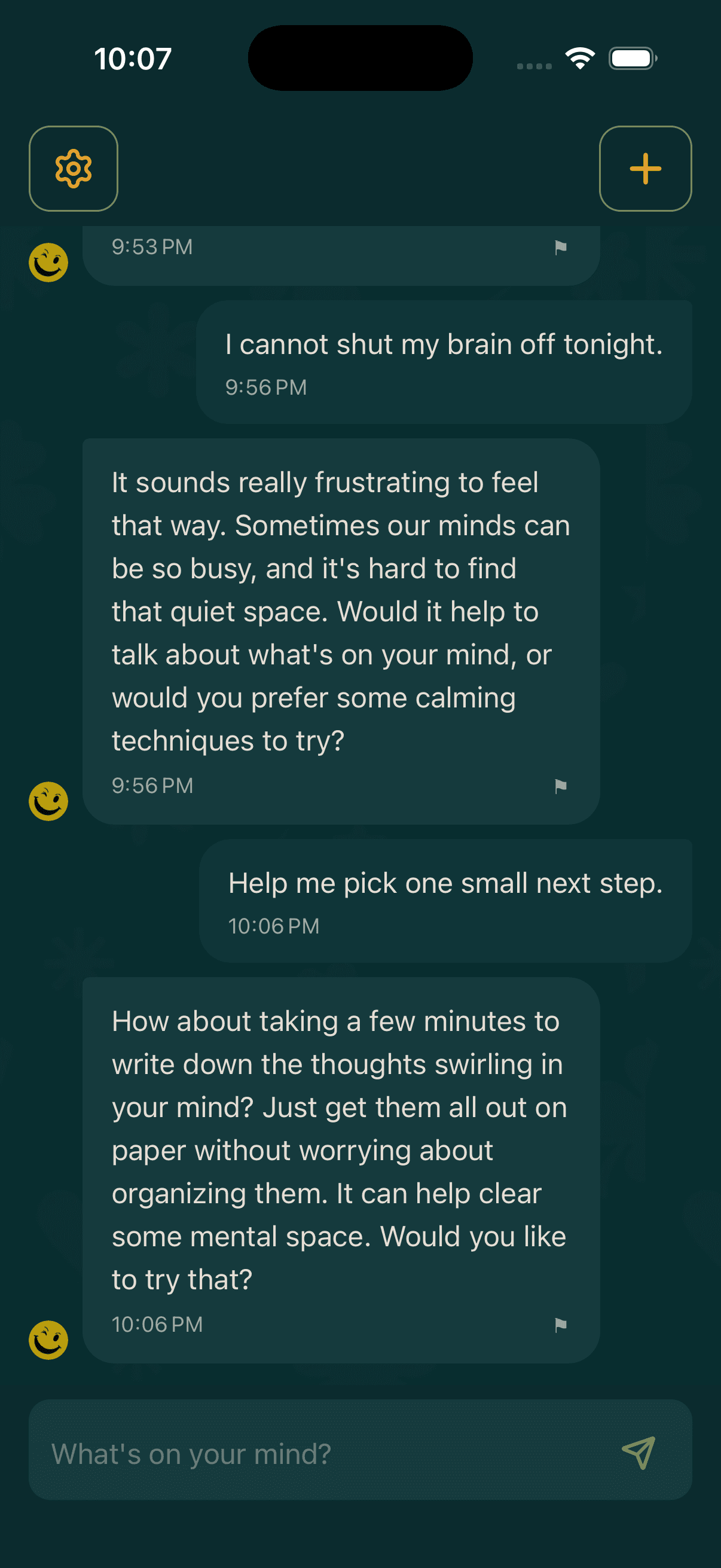 MAX AI Companion app screen showing a text conversation and memory-aware reflection.