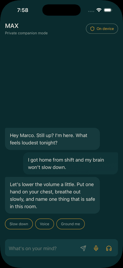 MAX AI Companion chat screen with private supportive conversation.