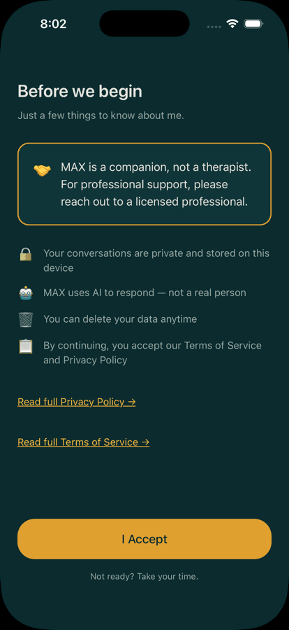 MAX AI Companion onboarding consent screen explaining safety and privacy expectations.