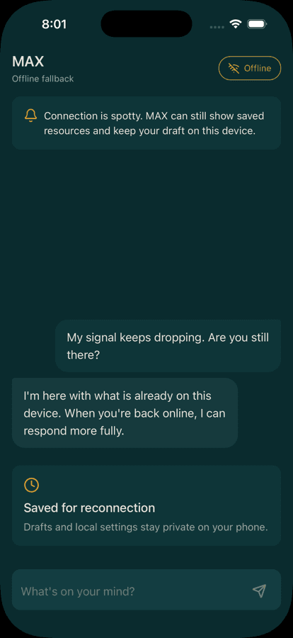 MAX AI Companion offline fallback screen with local support messaging.