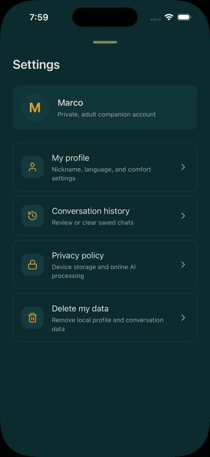 MAX AI Companion profile and privacy controls screen.