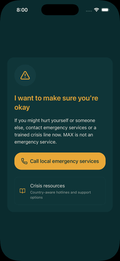 MAX AI Companion safety screen with emergency and crisis resource guidance.