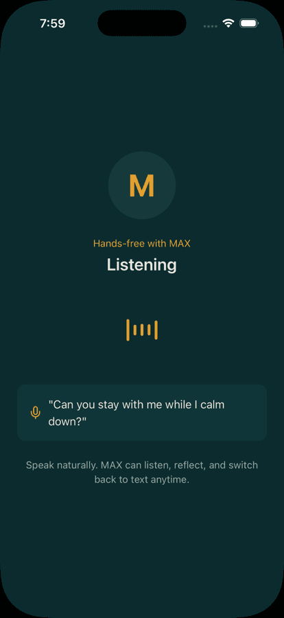 MAX AI Companion voice mode screen with waveform and microphone controls.